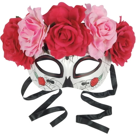 Star Power Day of the Dead Sugar Skull Half Mask w Roses, White Multi, One-Size
