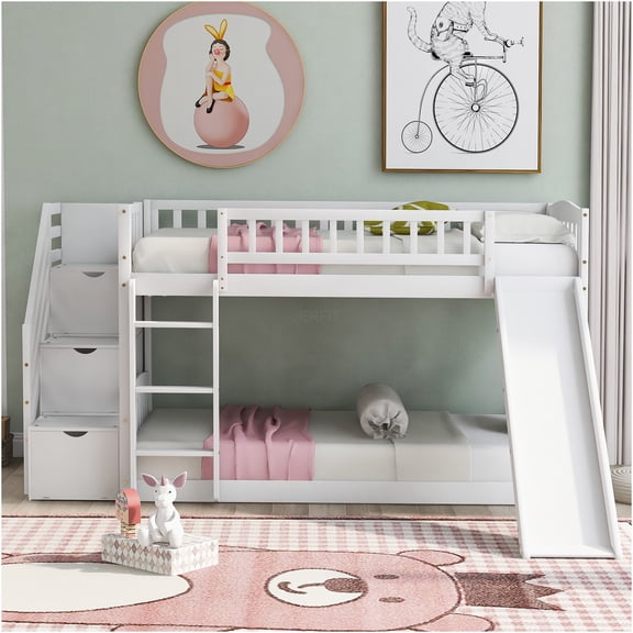 JERFIT White Twin over Twin Bunk Bed with Slide, Stairs, 2 Storage Drawers, Solid Wood Frame, No Box Spring Needed