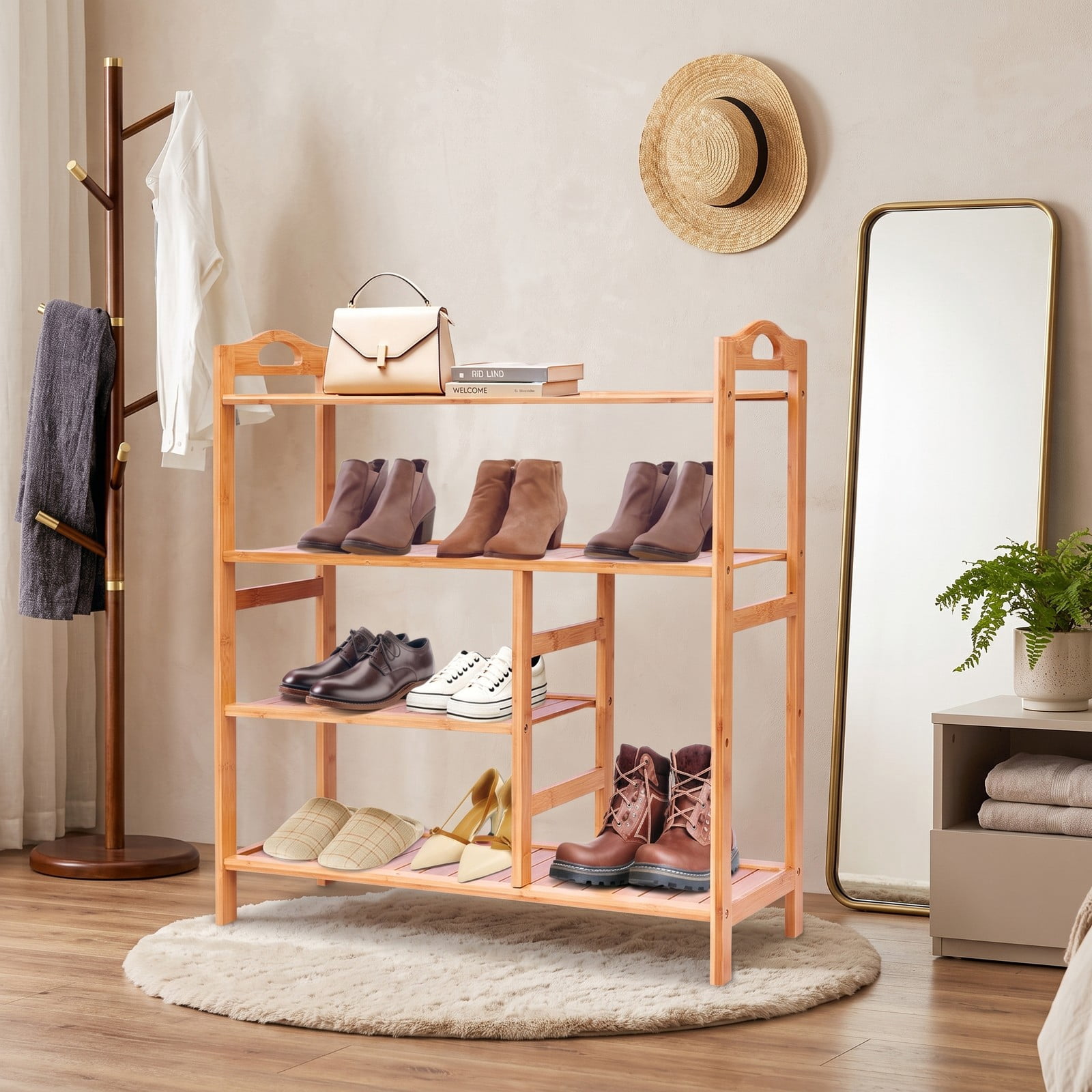Furnibear 4-Tier Bamboo Shoe Rack with Tall Boot Shelf and Side Handles for Entryway Hallway and Closet Storage, Natural