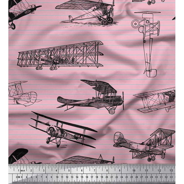 Soimoi Polyester Crepe Fabric Stripe & Airplane Transport Print Fabric by The Yard 52 Inch Wide