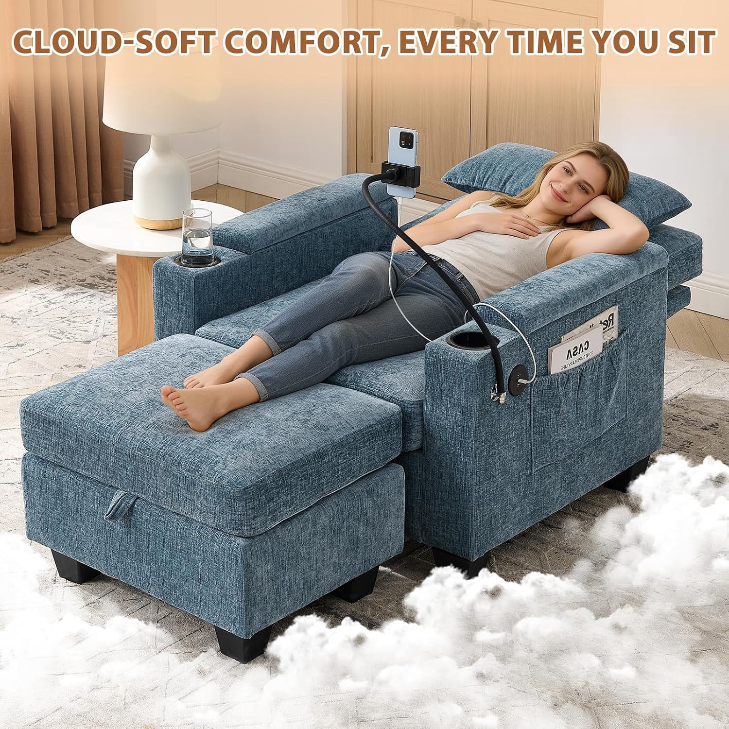 MOONMISS Oversized Chaise Lounge Chair Indoor, Single Convertible Recliner Reading Arm Sofa Chair W/Adjustable Backrest & Charging Port Couch Bed for Living Room, Home Theater & Bedroom,Blue