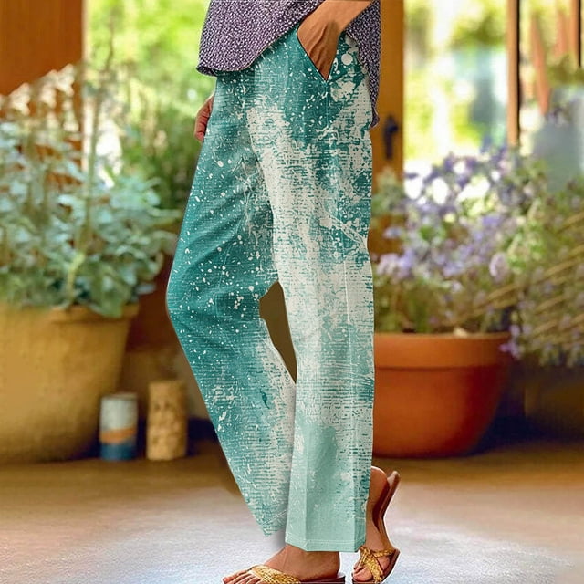 Lydiaunistar Womens Plus Size Printed Rolled Hem Casual Long Pants with Pockets, Elastic Waist Straight Leg Polyester Trousers for Daily Outdoor Party - Spring Summer L/XL/XXL/XXXL/4XL Green