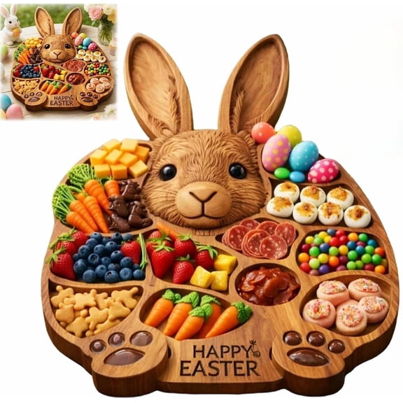 Easter Bunny Wooden Charcuterie Board, Rabbit Shaped Wooden Serving Tray with Compartments for Holiday Snacks Treats, Easter Party and Kitchen Table Display