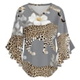 thumbnail image 5 of Grey Background Leopard Floral Print Women's V-Neck Blouse With 3/4 Ruffled Bell Sleeves Casual Top Ladies Blouses, 5 of 7
