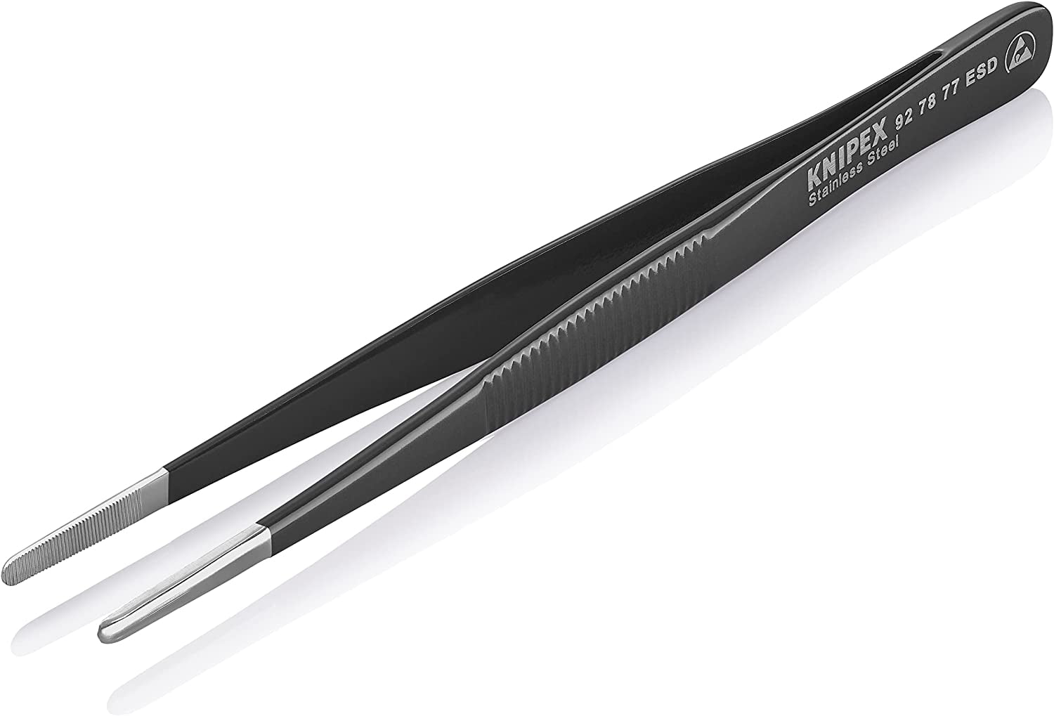 Knipex Tweezers, ESD, Round, Serrated, 5-3/4 In, Blk 92 78 77 ESD