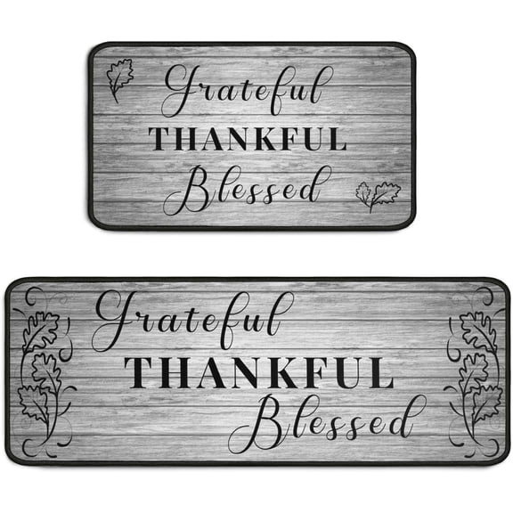 Grateful Thankful Blessed Kitchen Rugs Set of 2 Grey Non-Slip Kitchen Rug and Mat Cushioned Comfort Kitchen Standing Rug for Kitchen Floor Farmhouse Thanksgiving Decor 17"x47" 17"x30"