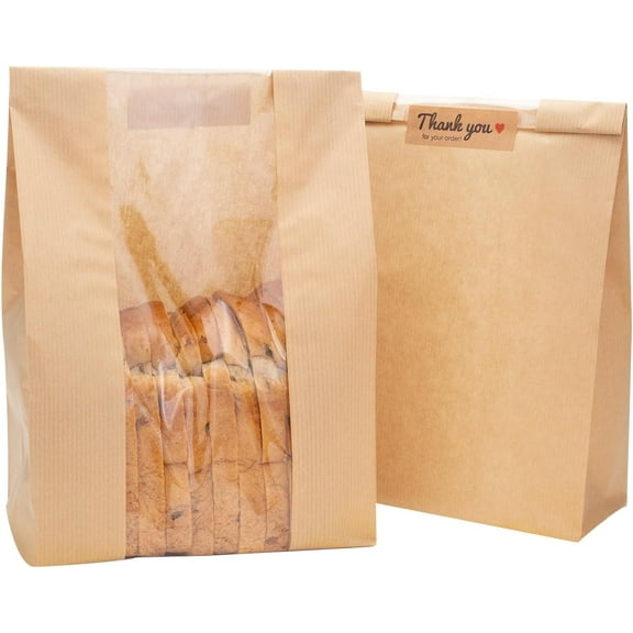 Large Bakery Bags with Window, 13.77"x8.26"x3.54", 25 Pack, Grease Resistant, Pastry Bags, Kraft Paper Bags for Breads, Cookies, Donuts (Brown)