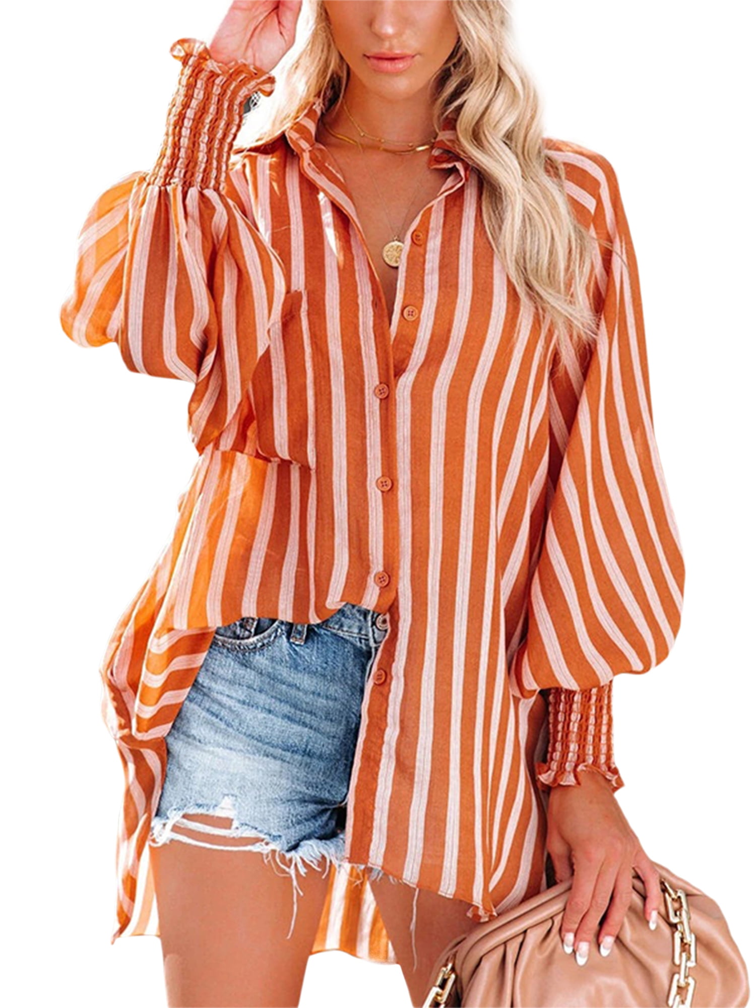 Sunisery Women Button Down Shirt Long Puff Sleeve V Neck Striped Shirts Loose Blouse with Pockets Streetwear Orange XL