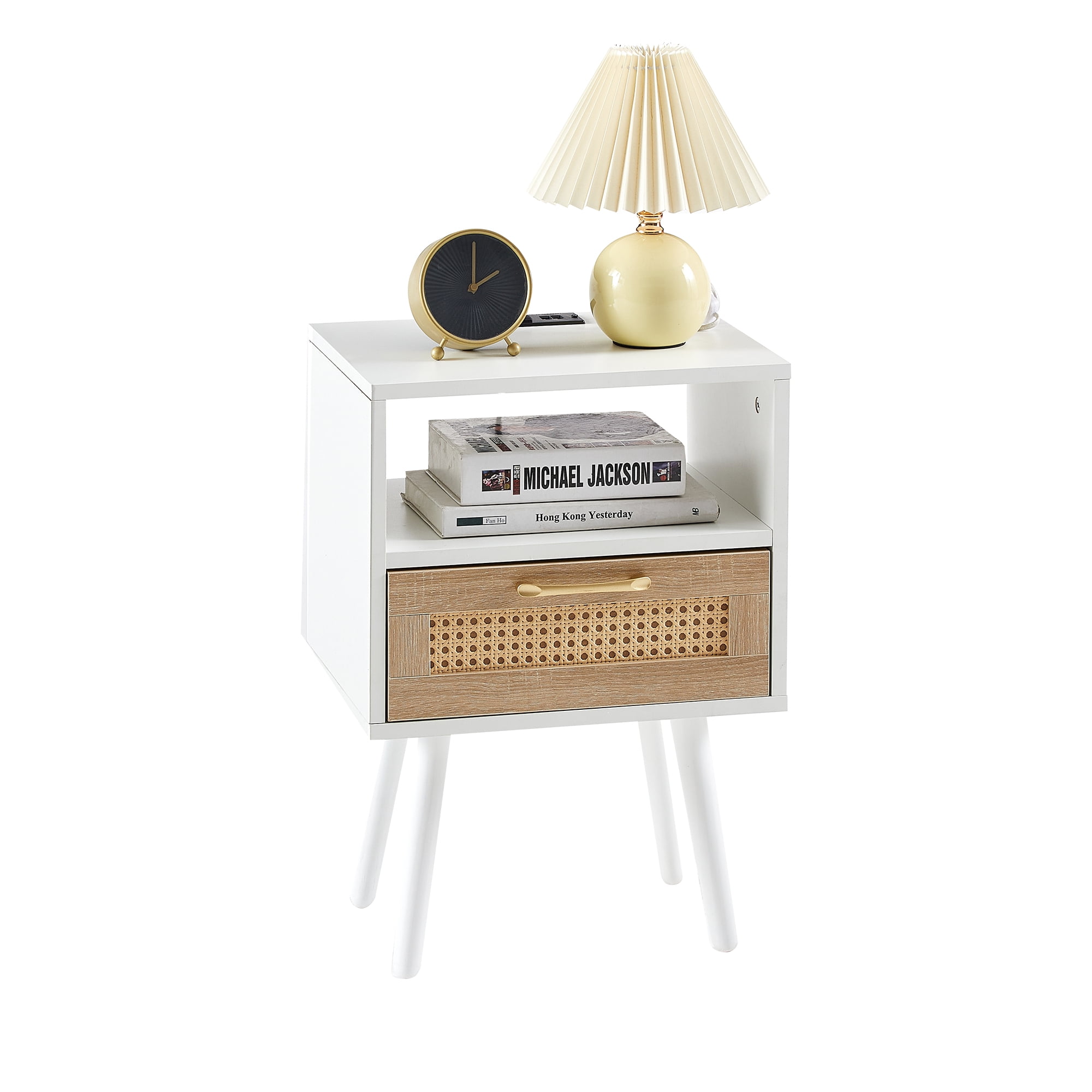MAYEERTY 15.75" Rattan End Table with Power Outlet & USB Ports – Modern Nightstand with Drawer & Solid Wood Legs, White