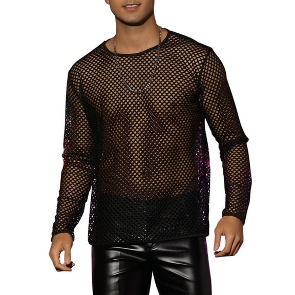 Lars Amadeus Mesh T-Shirt for Men's Long Sleeves See Through Sheer Top