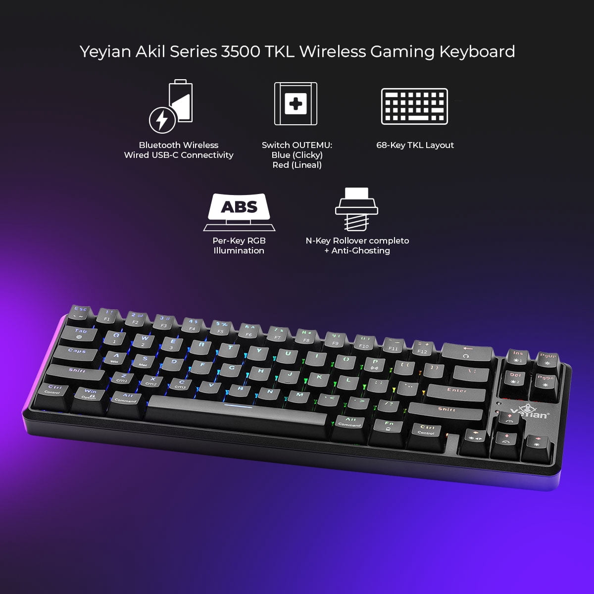 Yeyian Akil Series 3500 TKL Wireless Mechanical Gaming Keyboard – 65% Compact, OUTEMU Blue Switches, RGB, Dual Mode