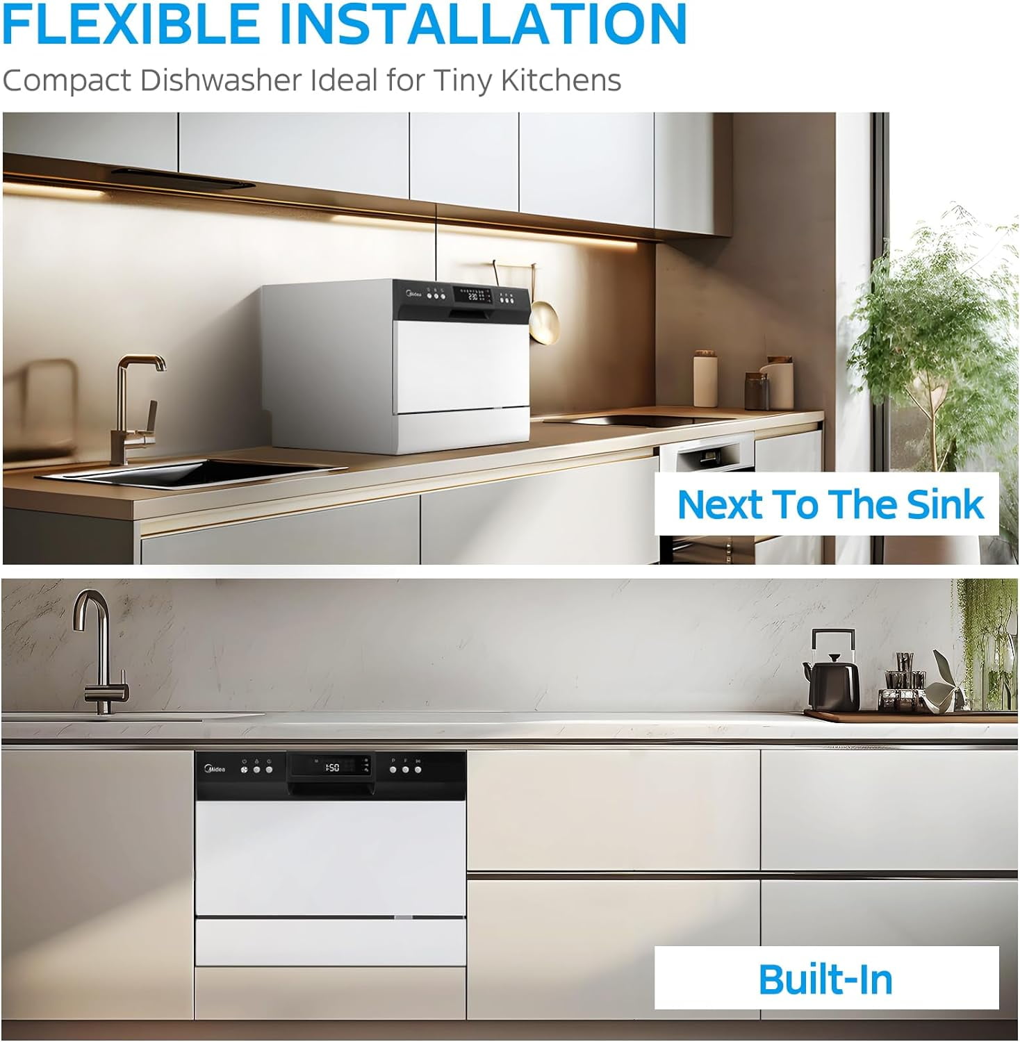 Midea Portable Countertop Dishwasher, 6 Place Settings, 8 Programs, White, MDC22P1AWW, New