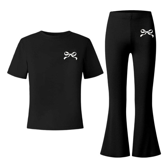 Tfken Girls Outfit Sets Bow Graphic Short Sleeve Tops With Flare-Leg Pants Set Summer Casual Toddler Classic Clothes Size 9-10 Years Black