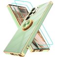 thumbnail image 1 of Baomifa-pour Samsung Galaxy S23 Ultra Étui : avec 2 Protecteurs d'Écran, Support Anneau Rotatif 360° Support Magnétique, Bord Doré Plaqué Étui Protectrice en TPU Souple Antichoc pour S23 Ultra, Vert Pois, 1 of 4