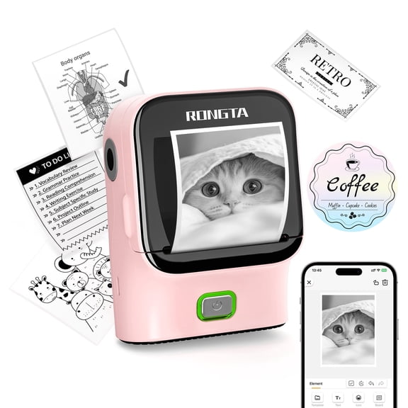 Rongta Mini Bluetooth Sticker Printer, Portable Thermal Label Maker for Kids DIY, Scrapbooking, Journaling, Photos & Study Notes – Pink