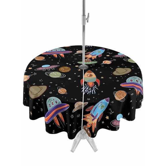 Outdoor Tablecloth with Umbrella Hole for Patio/Picnic/Party/Camping, Cute Black Space Waterproof Table Cloth Round Cover Washable, Star Cartoon Spaceship Planet (Dia 54")