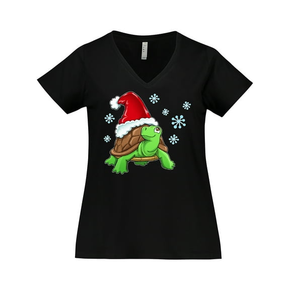 Inktastic Christmas Turtle in with Santa Hat and Snowflakes Women's Plus Size V-Neck T-Shirt