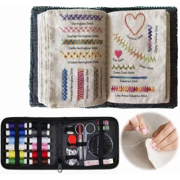 Saker Stitch Book Embroidery Kit: All-in-One Linen Embroidery Reference Guide with Multiple Sewing Tools, Floss, Needles & Scissors - Portable Gift