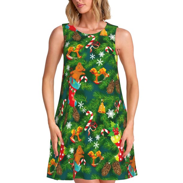Balery Cute Christmas Stocking Bear Vestidos de verano para mujer con estampado: vestido holgado sin mangas, vestido playero informal y cómodo para días calurosos.