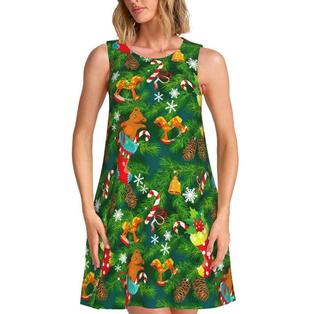 Gaeub Mignon Bas de Noël Imprimé Ours Robes Sans Manches pour Femmes, Robe Décontractée de Plage Ample, Robe de Plage Ligne A avec Poches, Robe Maxi d'Été pour Femmes