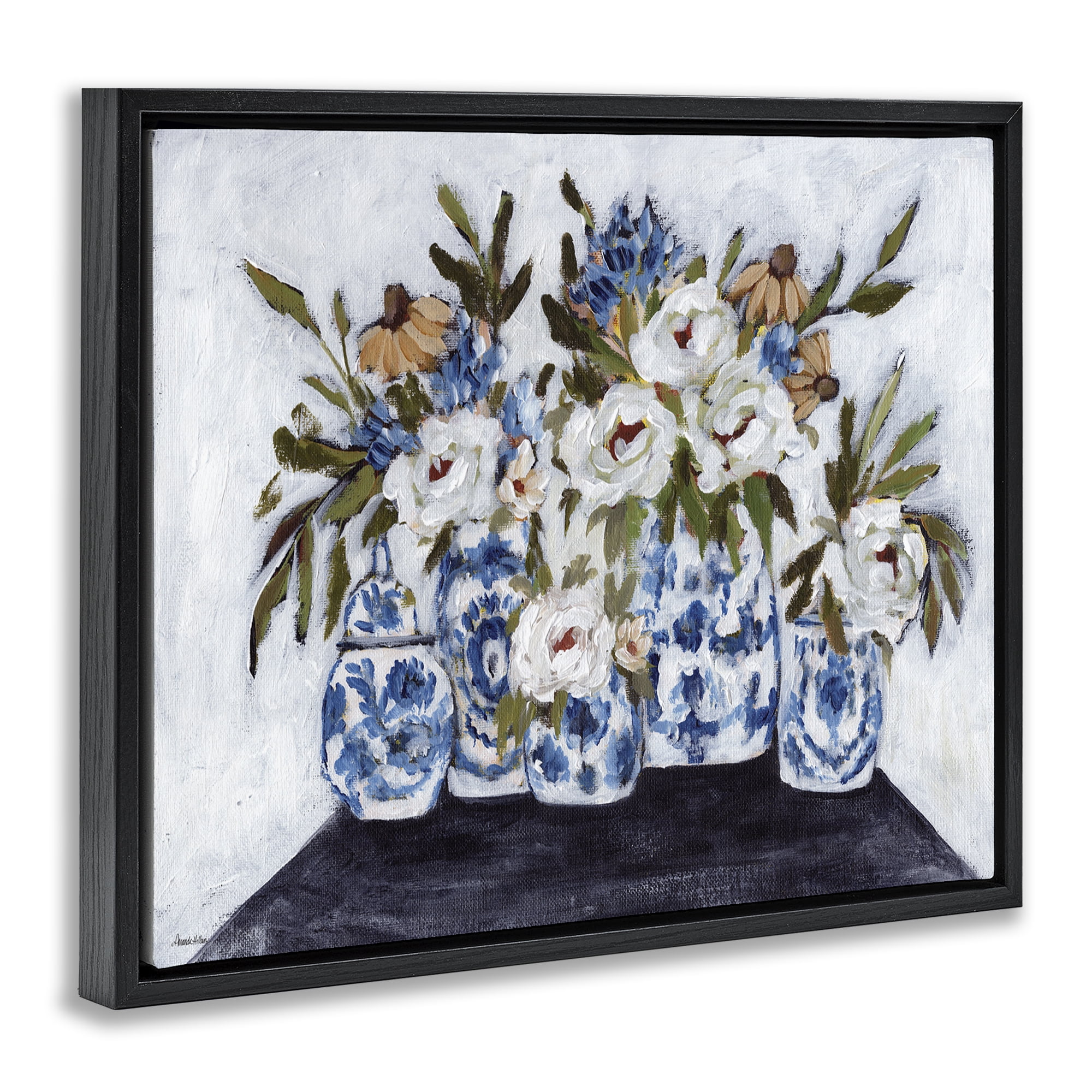 Stupell Industries Ornate Flower Pots Still Life Plants & Flowers Painting Black Floater Framed Canvas Art Print Wall Art, 21 x 17