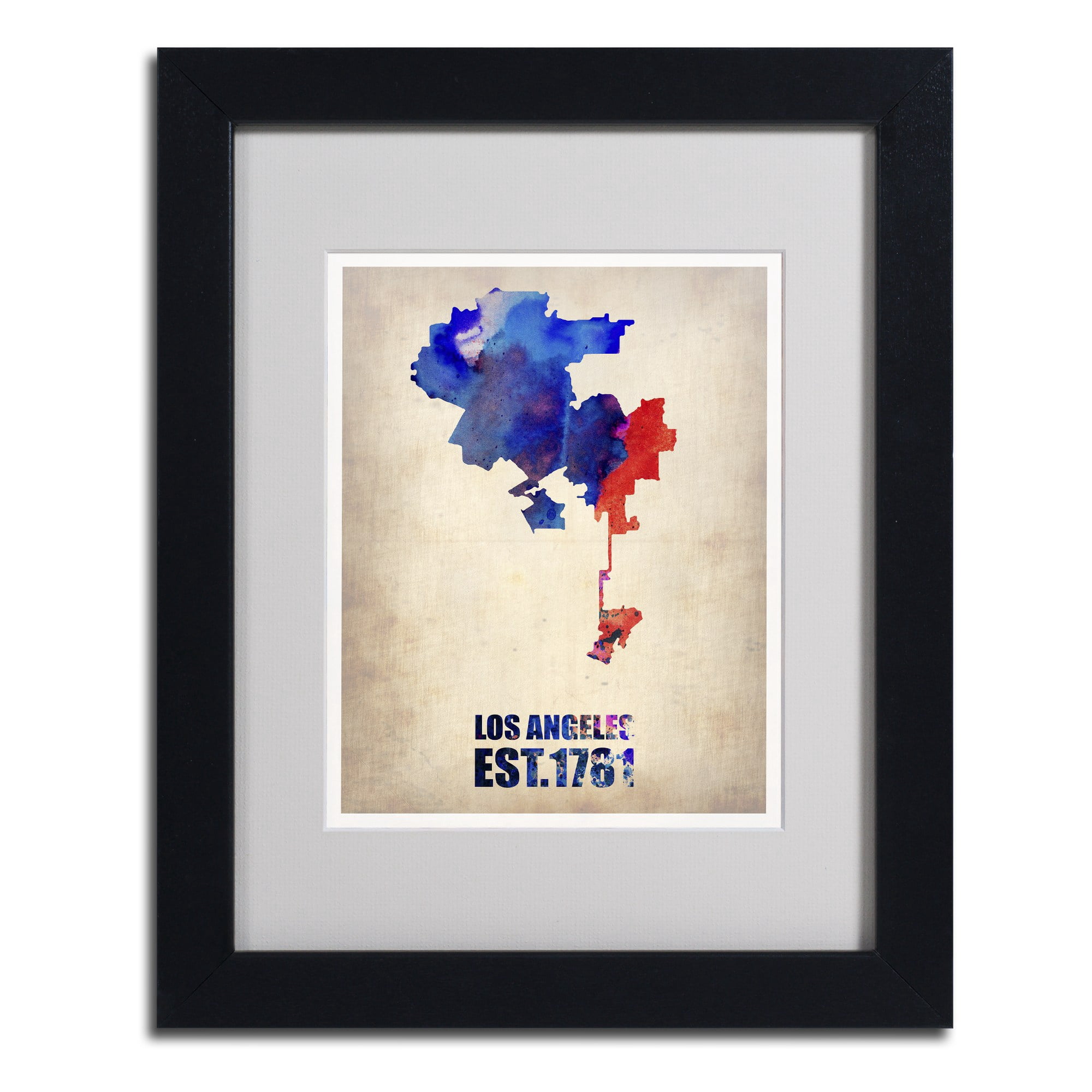 Trademark Fine Art "Los Angeles Watercolor Map 2" Matted Framed Art by Naxart, Black Frame