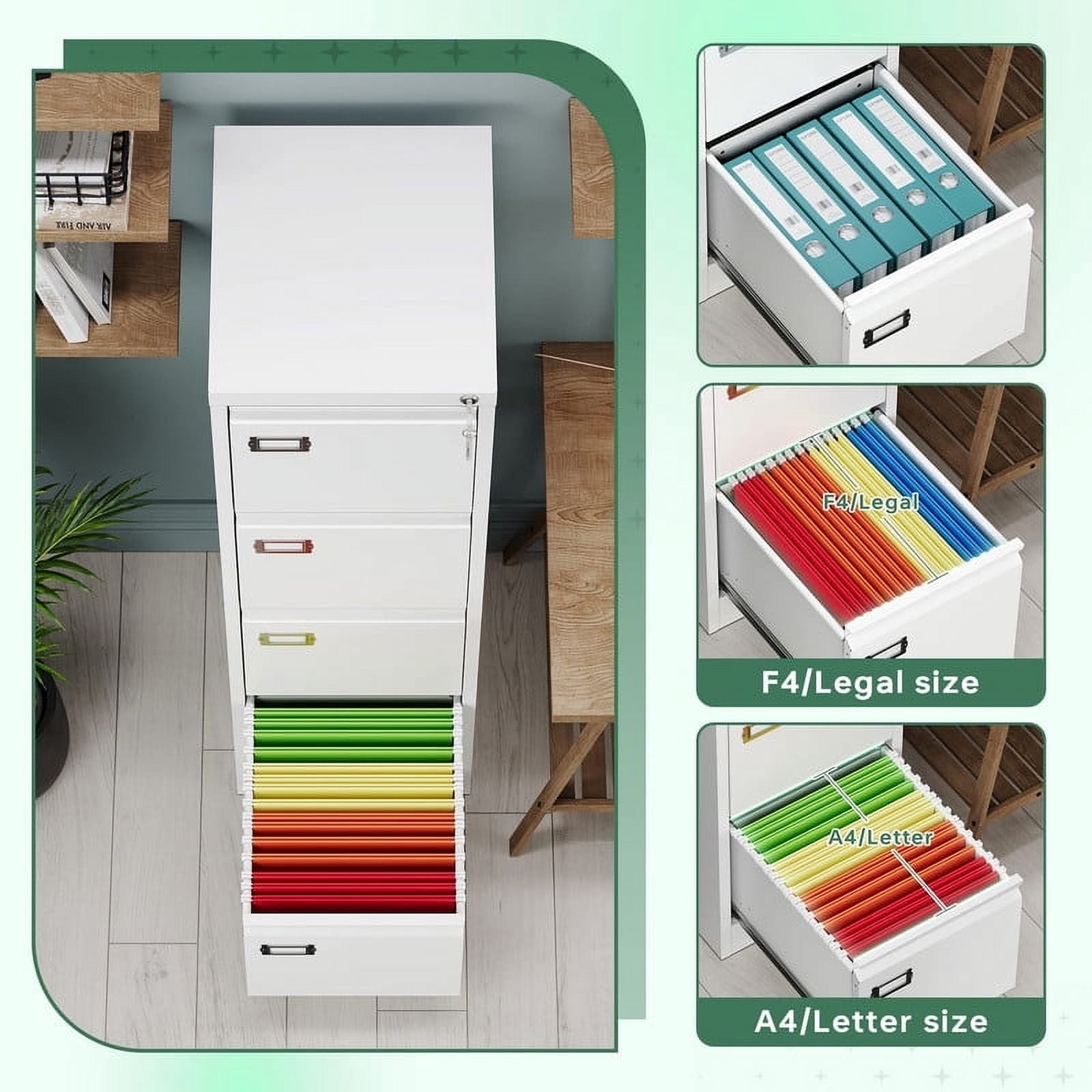 MIIIKO 4 Drawer File Cabinet,Metal Vertical Filing Cabinets with Lock,Storage A4/F4/Letter/Legal for Home Office-Assembly Required (4 Drawer-White)