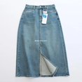 thumbnail image 2 of Falda vaquera de talle alto Lindejuan con aberturas laterales delanteras y elástica para mujer estilo vintage azul, 2 of 4