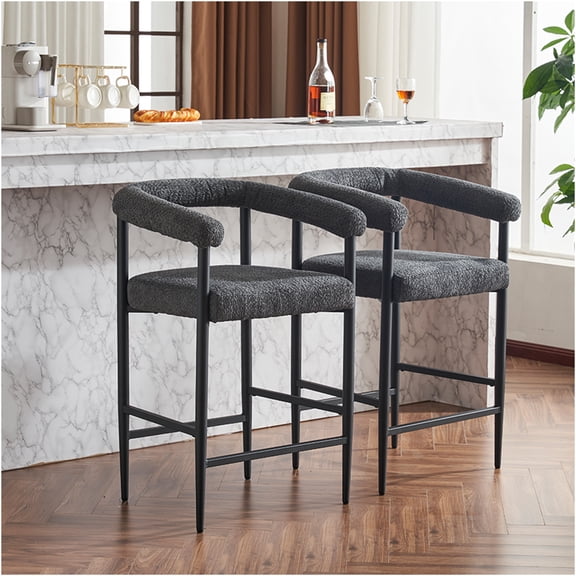 JERFIT Modern Boucle Fabric Bar Stools Set of 2 with Armrests, Counter Height Kitchen Island Seating for Dining Room, Home Cafe, Dark Grey