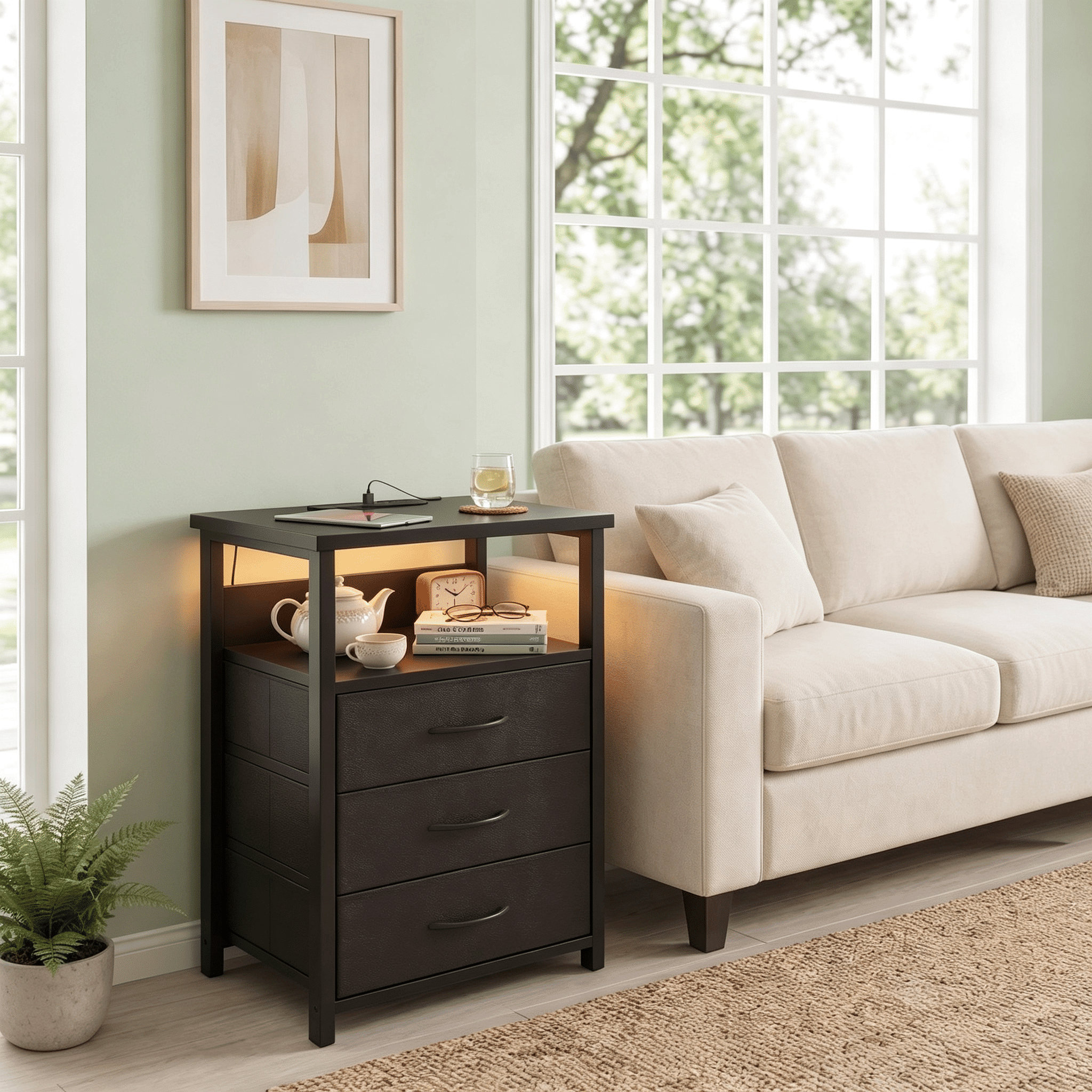 Nightstand with Charging Station, 3 Fabric Drawers, LED Light and Open Shelf, Iron Frame Bedside End Table for Bedroom