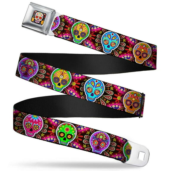 Thaneeya McArdle Belt, Seatbelt Buckle Belt, Six Sugar Skulls Multi Color, 34 to 52 Inches