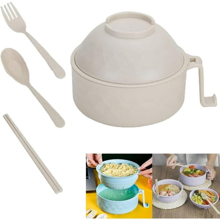 Ramen Noodle Bowl Set, Microwave Ramen Cooker with Chopsticks, Spoon, Phone Holder - Instant Cooking Essentials for College Dorm Room (Beige-1pc)