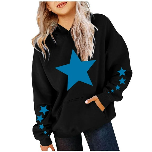 KAUOD Oversized Star Graphic Hoodies for Teen Girls Cute Cotton Fleece Pullover Hoodie with Pockets Kids Warm Sweatshirts