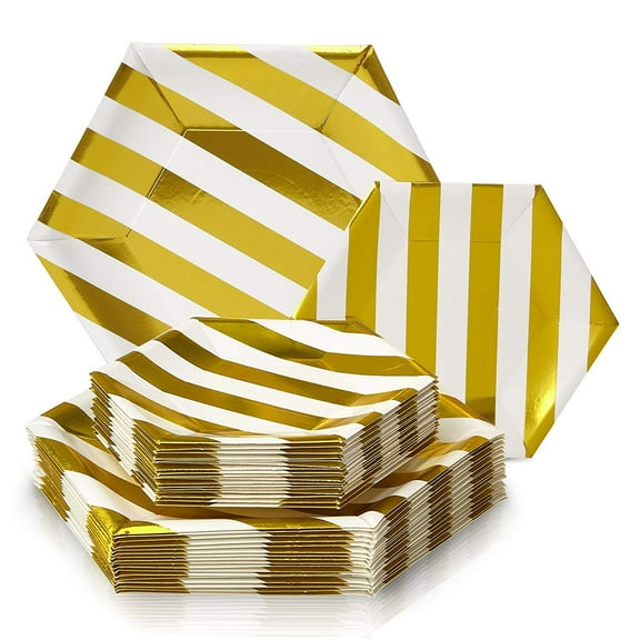 PARTY DISPOSABLE 36 PC DINNERWARE SET | 18 Dinner Plates | 18 Side Plates | Heavy Duty Disposable Paper Plates | Hexagon Design | for Upscale Wedding and Dining (Stripe Collection â?? White/Gold)
