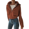 thumbnail image 2 of Suéter Informal Holgado de Punto Acanalado con Cuello en V y Larga para Mujer, con Cremallera de un Cuarto, para Invierno y Otoño Rojo-Marrón XXL, 2 of 8