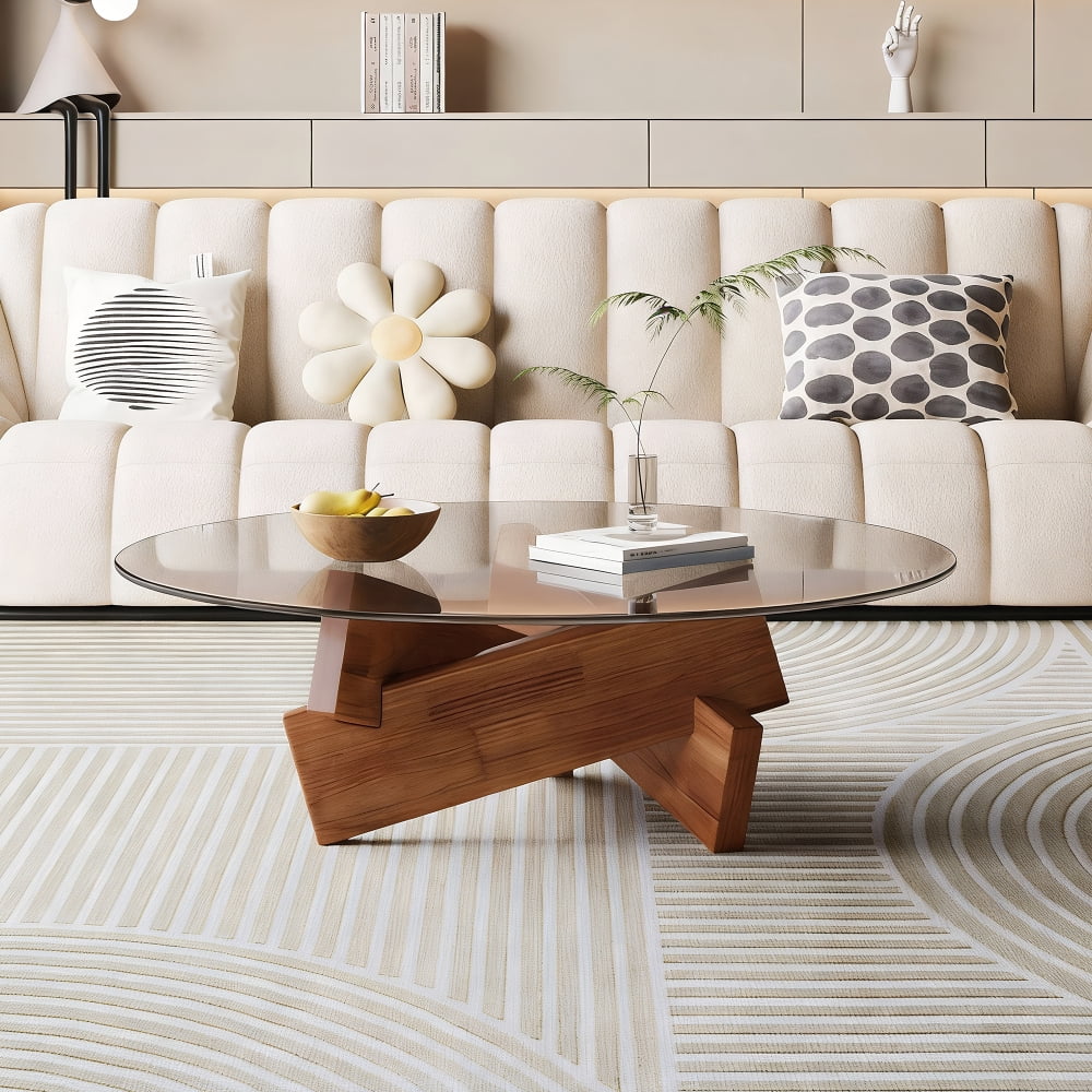 Modern Round Coffee Table for Living Room, 27.5" x 27.5" x 12.2" Mid Century Center Table with Tempered Glass Top and Wood, Walnut
