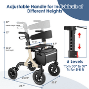 MAXWALK All-Terrain Rollator Walker for Seniors, 10 Rubber Wheels Foldable Walker with Padded Seat, Height Adjustable Mobility Walking Aid, Beige