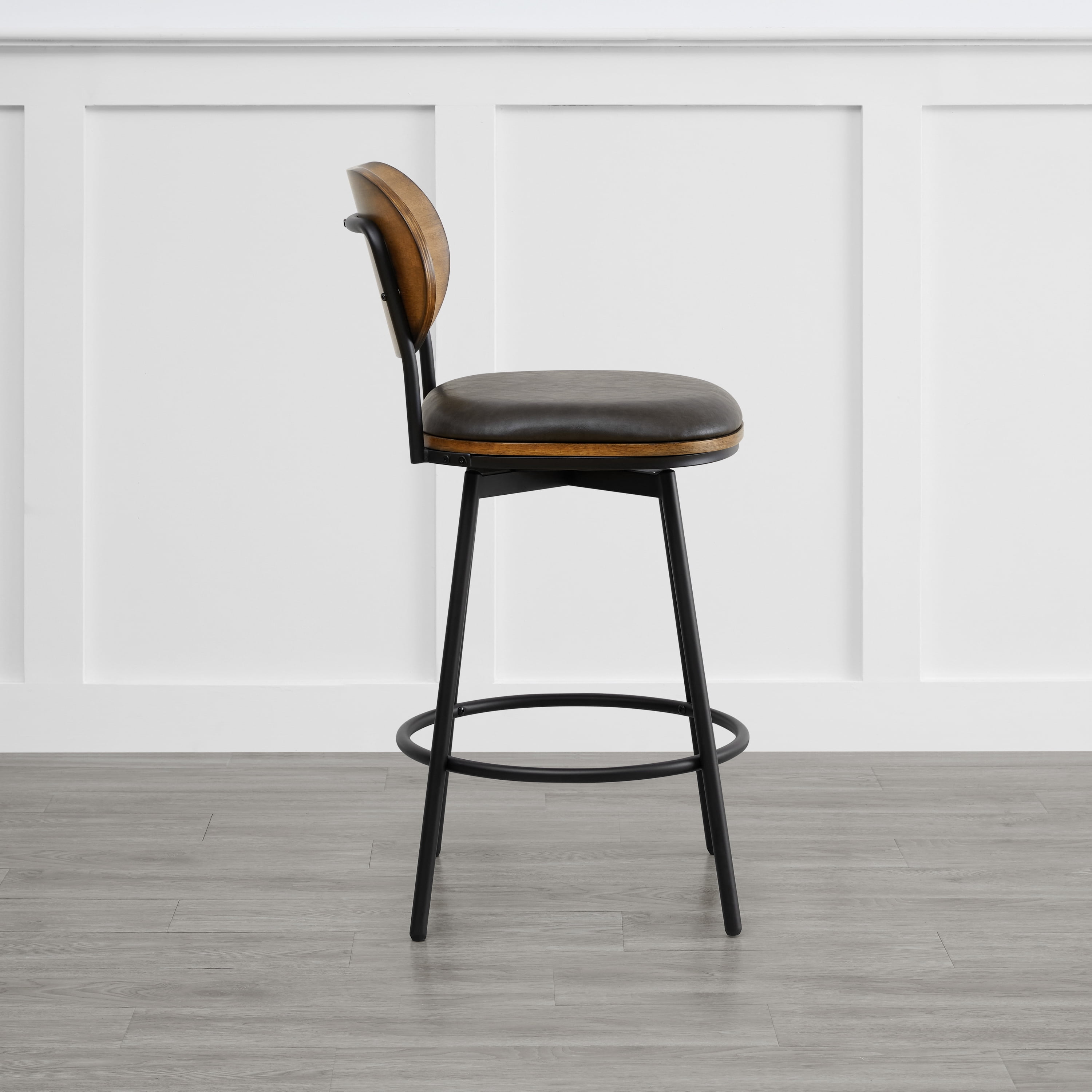 Spruce & Spring Counter Height Swivel Bar Stool with Wood Back and Metal Legs Set of 2, Dark Grey