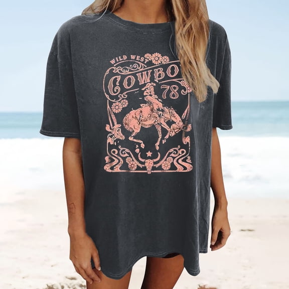 Trendfront Womens Summer Crew Neck Short Sleeve Tops Oversized Western Cowboy Graphic Tees Pattern Printed Retro Style T-Shirts