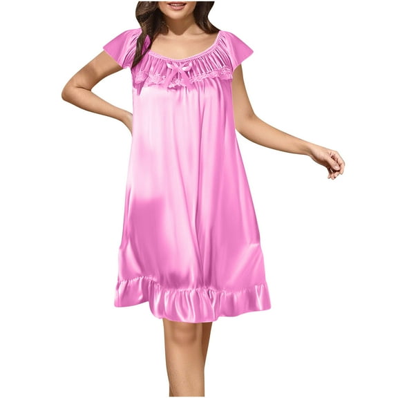 Tnhcen Women's Summer Sleep Dress Satin Nightgown Breathable Mid-Calf Length Nightwear Lace Trim Free Size Bedroom Lounge Dress Multiple Colors Available