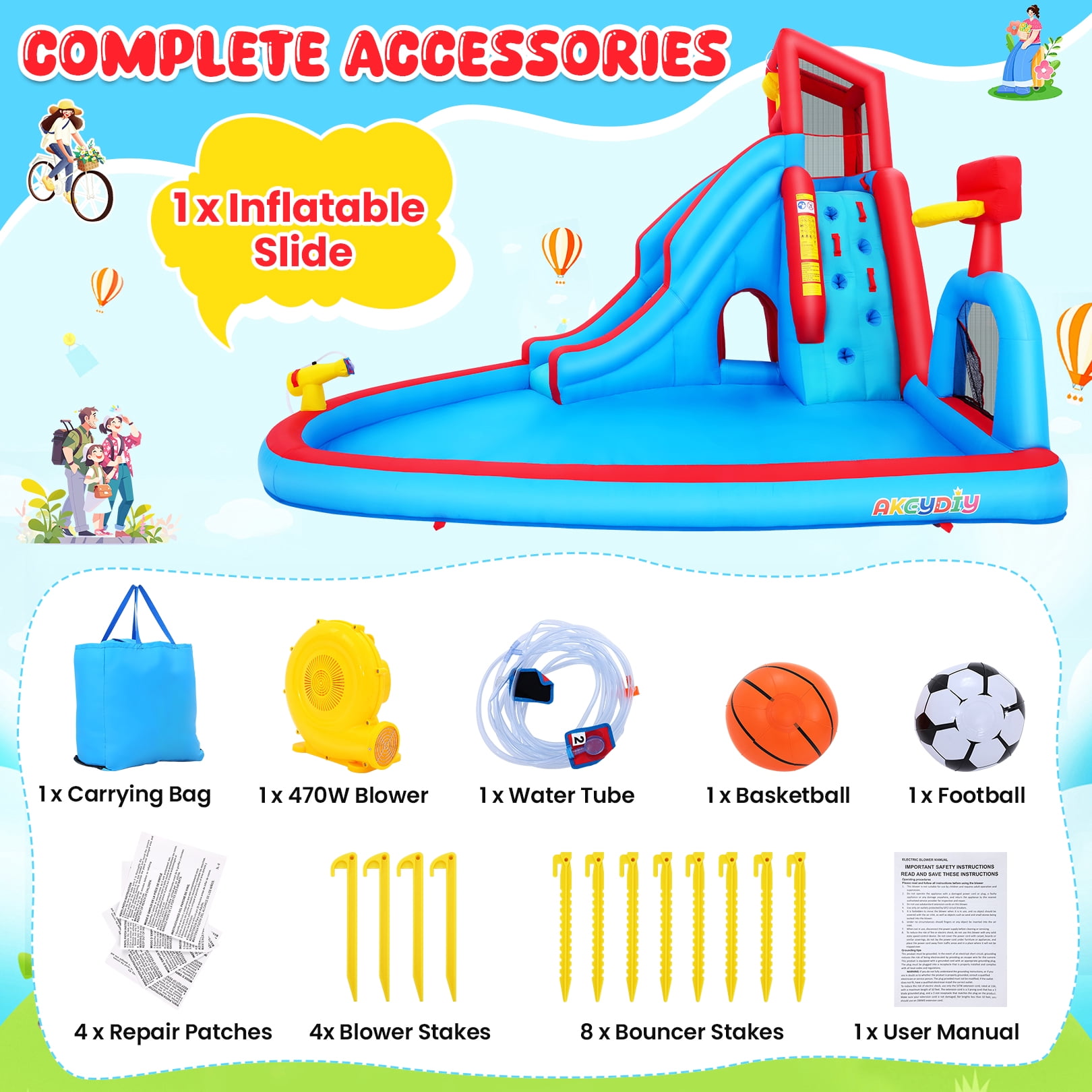 Veeboto Inflatable Water Slide with Pool, Climbing Wall, Basketball Hoop, Water Cannon, and Dump Bucket, Bounce House for Ages 3–10, Inflatable Water Park with Blower