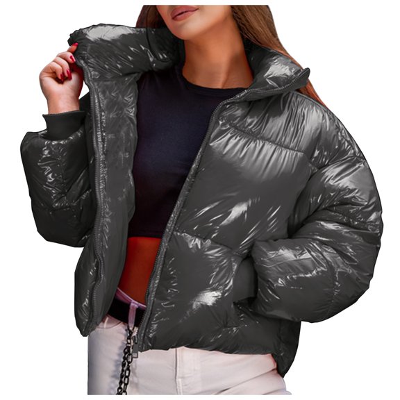 VNKIDY Women's Coat Autumn Winter Solid Color Shiny Puffer Crop Jacket Long Sleeve Zipper Sleek Style Coat For Casual Daily Streetwear Activities Trendy Outerwear