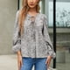 thumbnail image 3 of Top de gasa floral con cordón, camisa de gasa holgada y cómoda con farol, manga larga, cuello en V, para mujer, color negro, M, 3 of 7