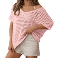 thumbnail image 2 of Womens T-Shirts Sexy Hollow Out Short Sleeve Summer Casual Knit Top Beach Cover Ups Blouse Crew Neck Solid Color Tee Vacation Outfits Fashion Clothing Women Clothes, 2 of 6