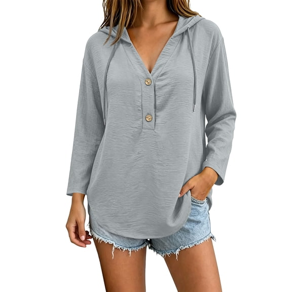 ZGRBOU Hoodies for Women V Neck Button Hooded Sweatshirts Roll Up Loose Cute Tops Cozy Lightweight Long Sleeve Tunic Shirts