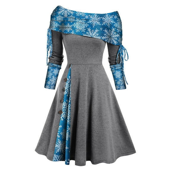 Women's Fall Dresses Vintage Christmas Printed Swing Dress Long Sleeve Off Shoulder Cocktail Dresses Christmas Gift