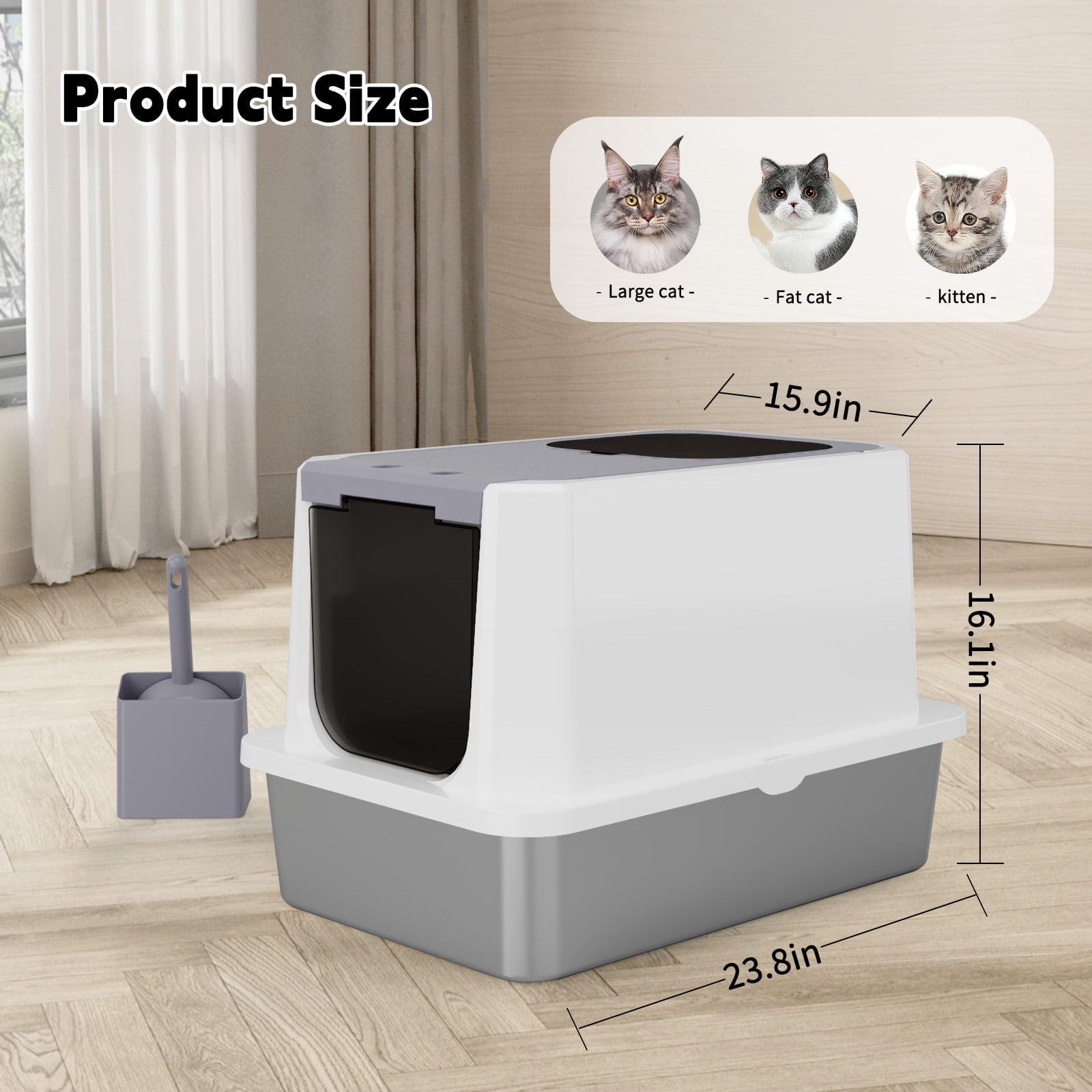 RIZZARI Enclosed Cat Litter Box: Large Top & Front Entry - High-Sided Anti-Scatter Design - Stainless Steel Odor Control - Easy Clean Teflon Non-Stick Coating- Gray Litter Pan - Entryway/Closet Nook