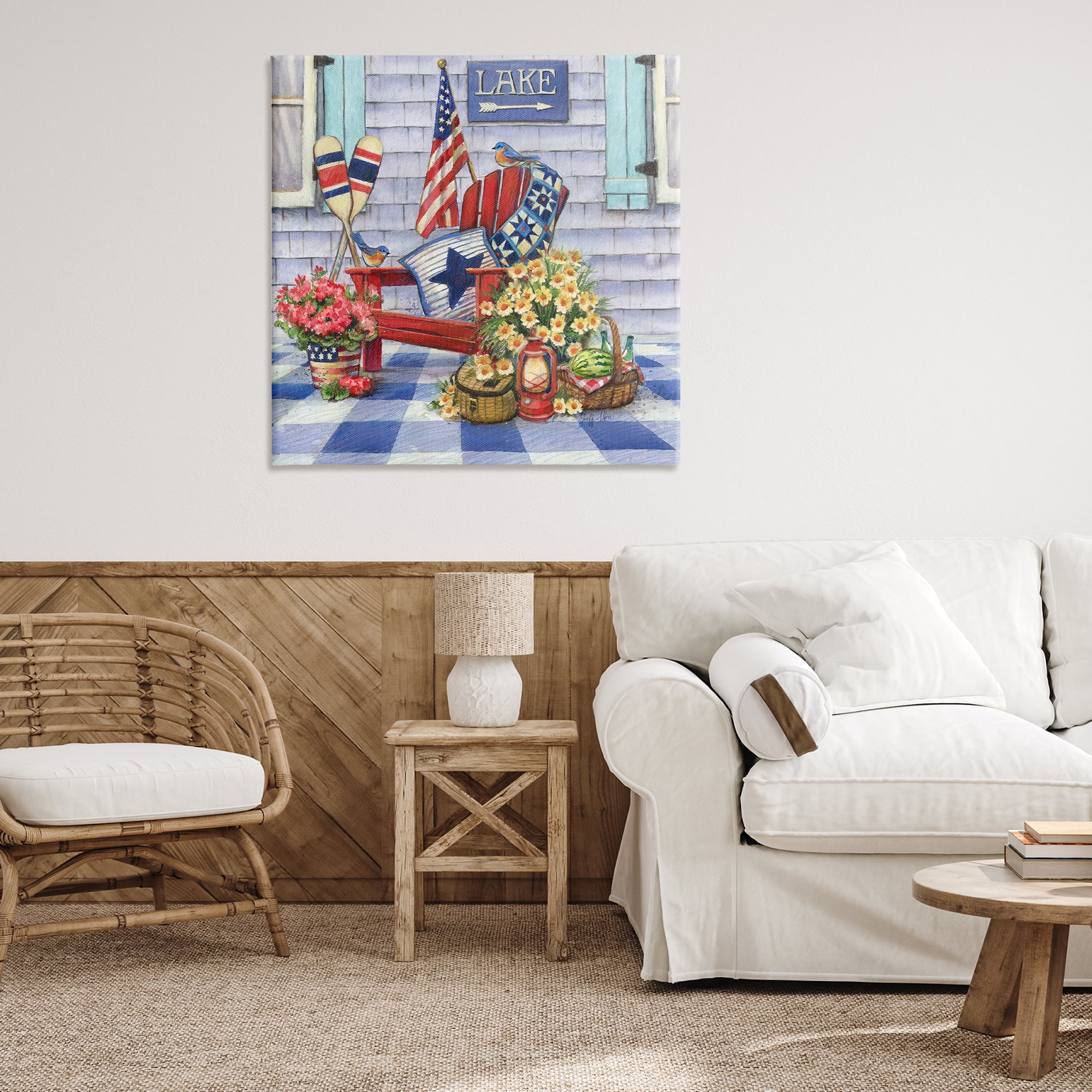 Stupell Industries Americana Porch View Patriotic Painting Wrapped Canvas Art Print Wall Art, 36 x 36