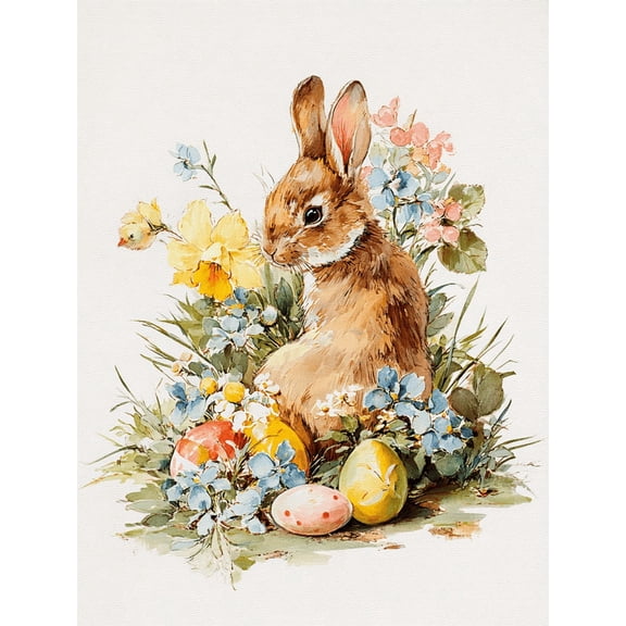 Qisvanset Watercolor Bunny Easter Eggs Flowers Canvas Print 15.75x11.81 Inches