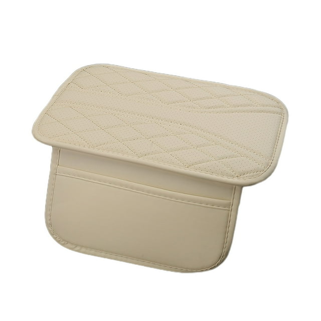 Beige Leather Car Armrest Box Cover High Padding Center Console Protector With Storage Bag 12.40 X 11.42 X 0.39 Inches Universal Automotive Accessory Beige